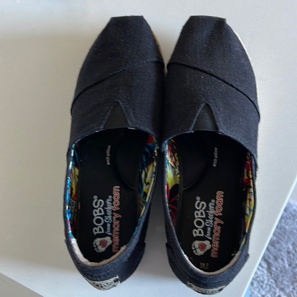 Bobs by Skechers Black Canvas and Braided Jute Espadrille Platform Slip-On Shoes